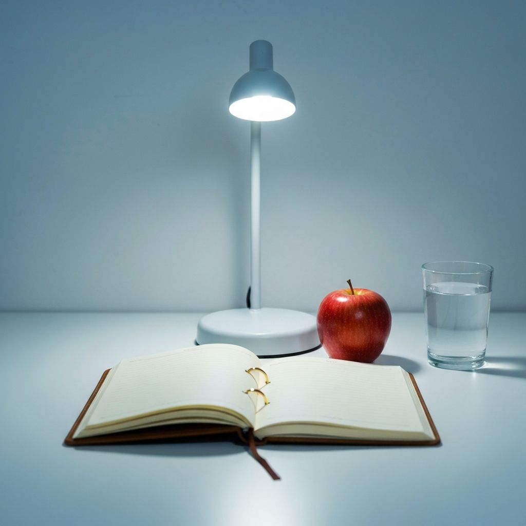 Study desk with notebook and apple